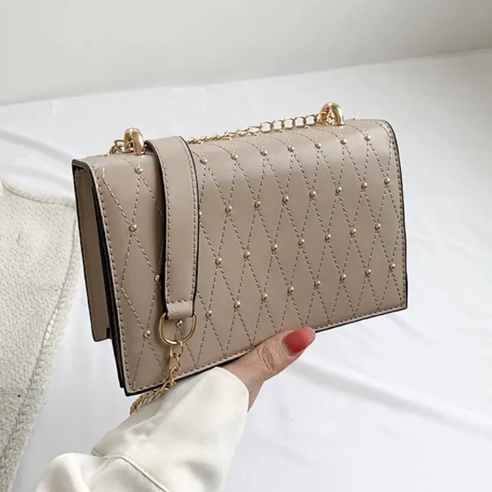 Rivet Detail Studded Chic Crossbody Purse Bag, Taupe